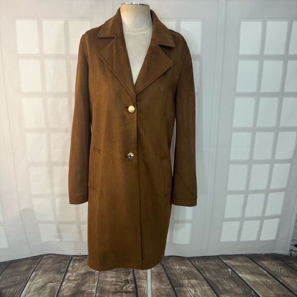 Kenneth Cole Brown Faux Suede Notch Lapel Button Down Long Coat Size Medium - Picture 1 of 10